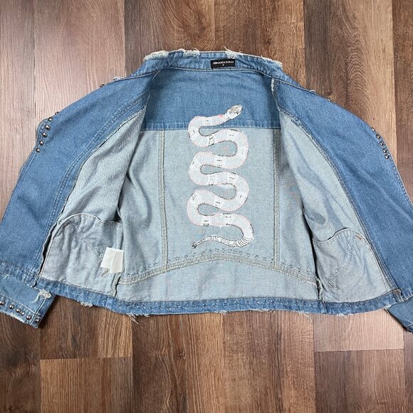 Fernanda Farah Snake Patch Denim Crop Moto Jacket Embroidered Studded Medium - Picture 13 of 14
